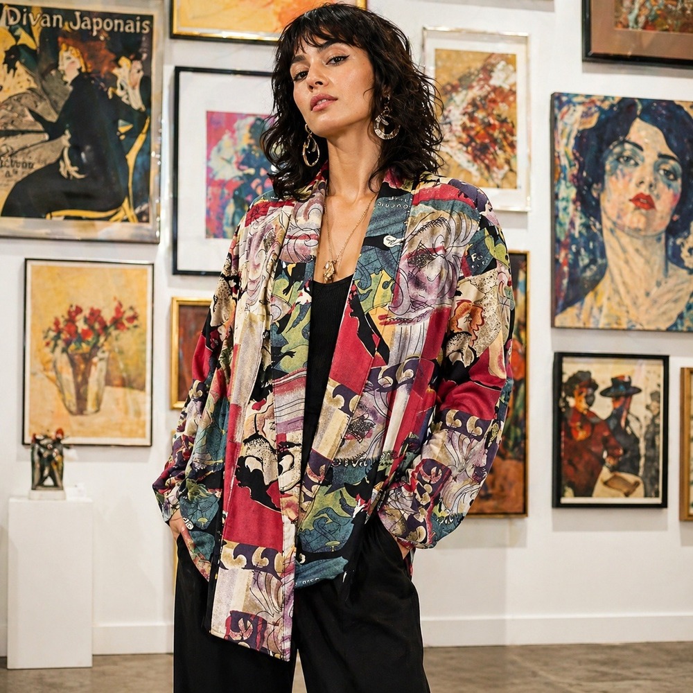 VTG 90s Barrie Stephens Wearable‎ Art Blazer Made in USA Toulouse Lautrec Large